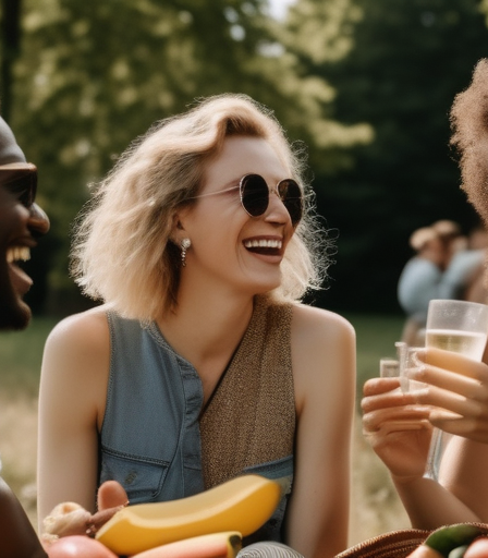 Eine vielfältige Gruppe von LGBTQ+-Personen, die ein Sommerpicknick in einem Park in Berlin genießen.