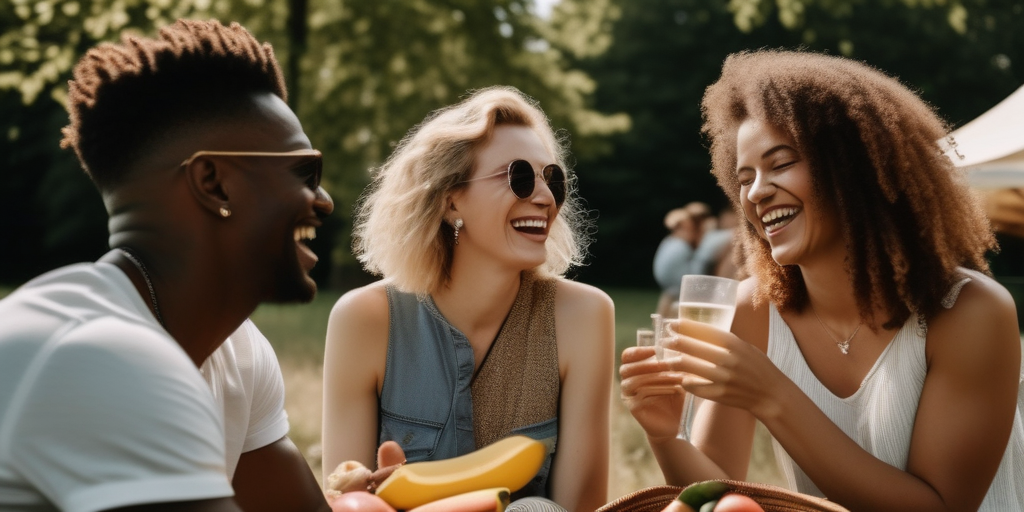Eine vielfältige Gruppe von LGBTQ+-Personen, die ein Sommerpicknick in einem Park in Berlin genießen.
