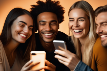 Verschiedene Menschen lächeln und schauen auf ihre Handys, die die Freude und Konnektivität des Online-Datings darstellen.