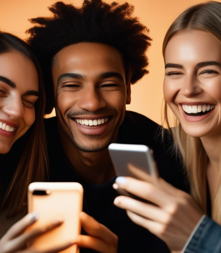 Verschiedene Menschen lächeln und schauen auf ihre Handys, die die Freude und Konnektivität des Online-Datings darstellen.