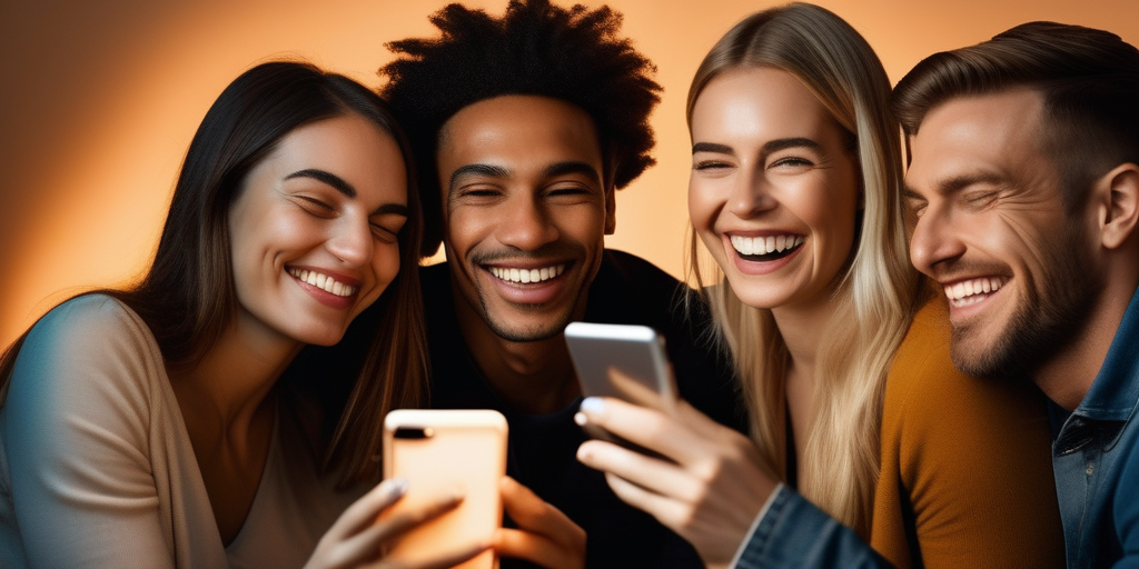 Verschiedene Menschen lächeln und schauen auf ihre Handys, die die Freude und Konnektivität des Online-Datings darstellen.