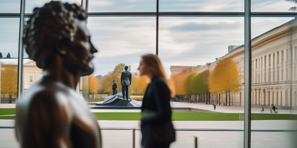 Zwei Personen führen ein lebhaftes Gespräch vor einer modernen Kunstskulptur.