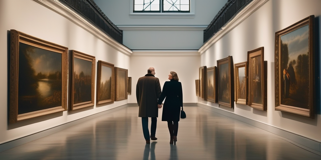 Ein Paar hält Händchen und schlendert durch ein Museum.