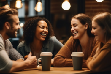 Eine Gruppe von Menschen unterschiedlicher Herkunft lacht und unterhält sich in einem Café, die positiven Aspekte des Online-Datings zeigen.