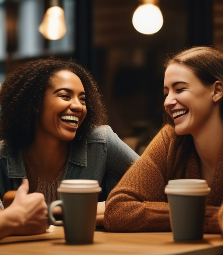 Eine Gruppe von Menschen unterschiedlicher Herkunft lacht und unterhält sich in einem Café, die positiven Aspekte des Online-Datings zeigen.