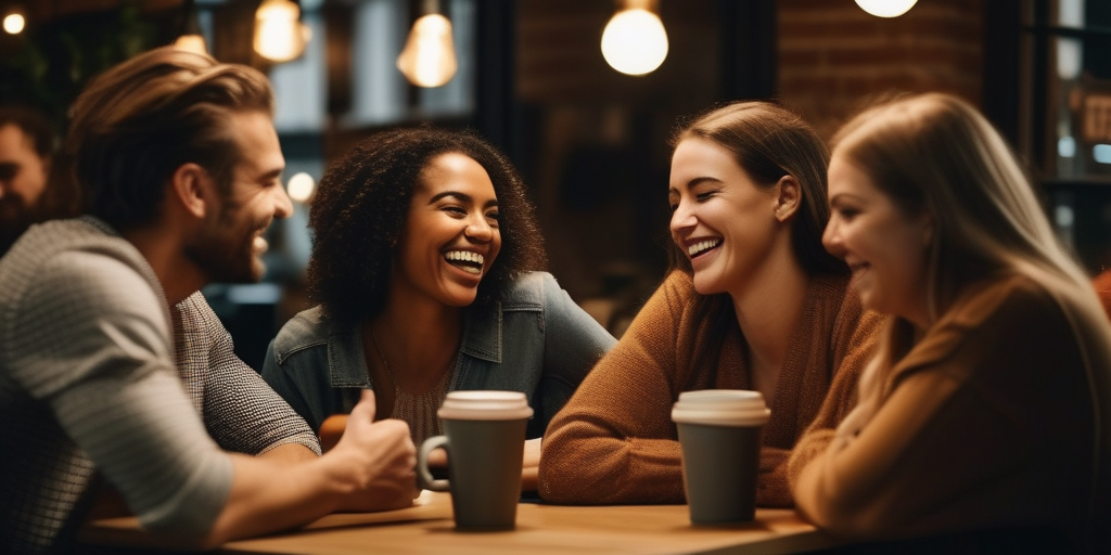 Eine Gruppe von Menschen unterschiedlicher Herkunft lacht und unterhält sich in einem Café, die positiven Aspekte des Online-Datings zeigen.