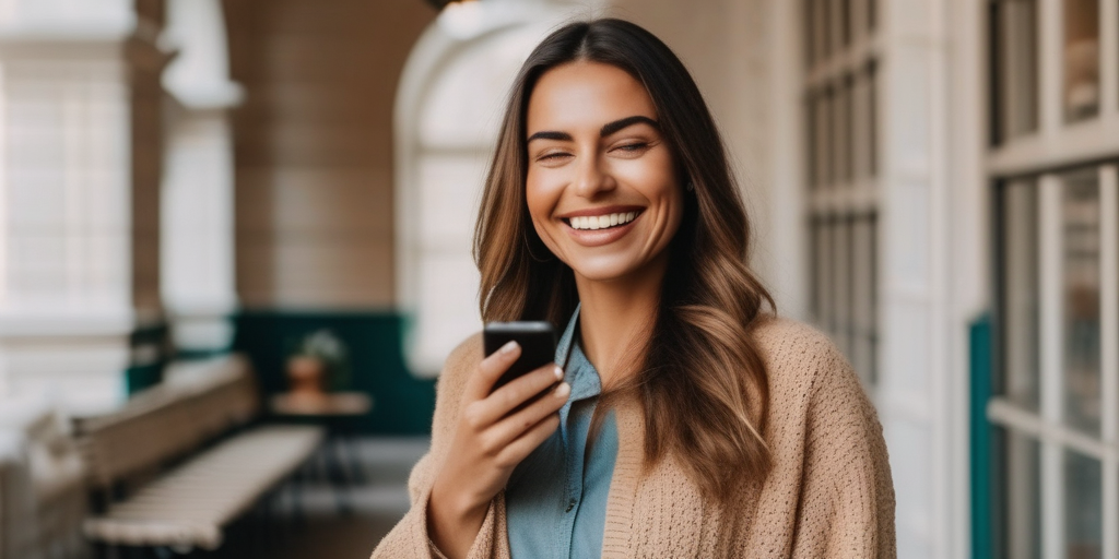 Eine Person lächelt selbstbewusst, während sie eine Dating-App auf ihrem Handy benutzt, um die Bedeutung von Selbstsicherheit und Authentizität beim Online-Dating hervorzuheben.