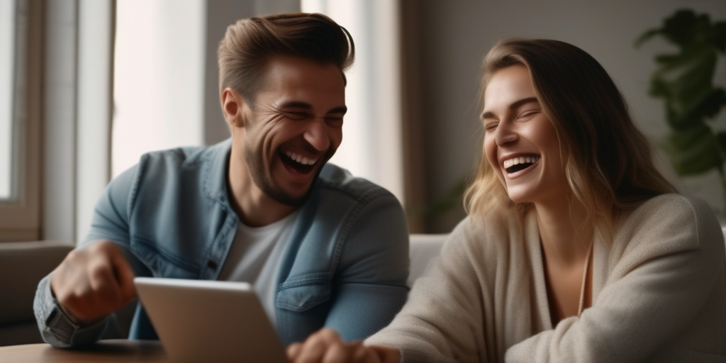 Zwei Personen führen ein Videogespräch und lachen miteinander, was Online-Kommunikation und -Verbindung darstellt.