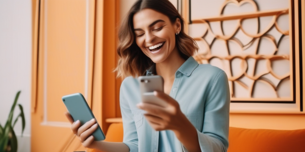 Eine Person wählt glücklich auf einer Dating-App aus und zeigt die Aufregung und Möglichkeiten des Online-Datings.
