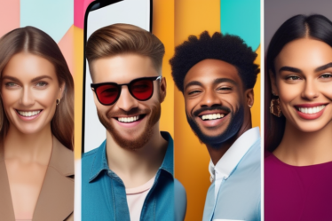 Eine vielfältige Gruppe von lächelnden Menschen, die auf ihren Handys Dating-Apps betrachten.
