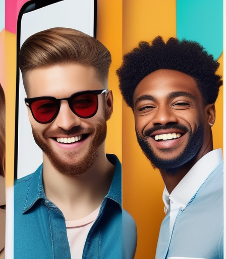 Eine vielfältige Gruppe von lächelnden Menschen, die auf ihren Handys Dating-Apps betrachten.