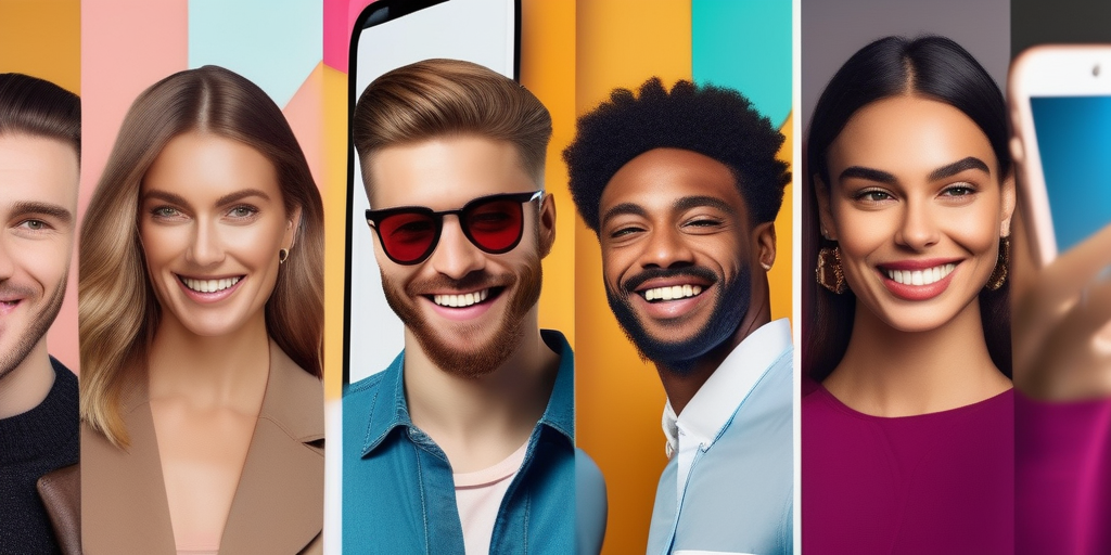 Eine vielfältige Gruppe von lächelnden Menschen, die auf ihren Handys Dating-Apps betrachten.