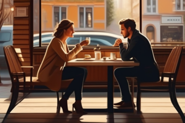Gemütliches Café mit zwei Personen im Gespräch.