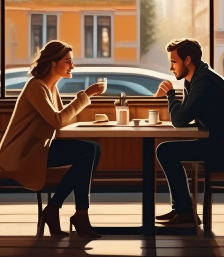 Gemütliches Café mit zwei Personen im Gespräch.