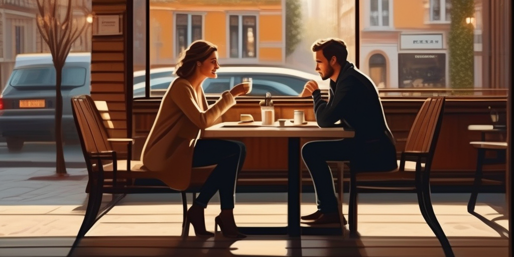 Gemütliches Café mit zwei Personen im Gespräch.