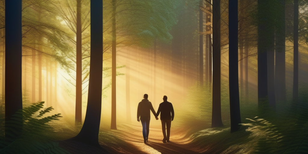 Ein Paar spaziert durch einen ruhigen Wald.