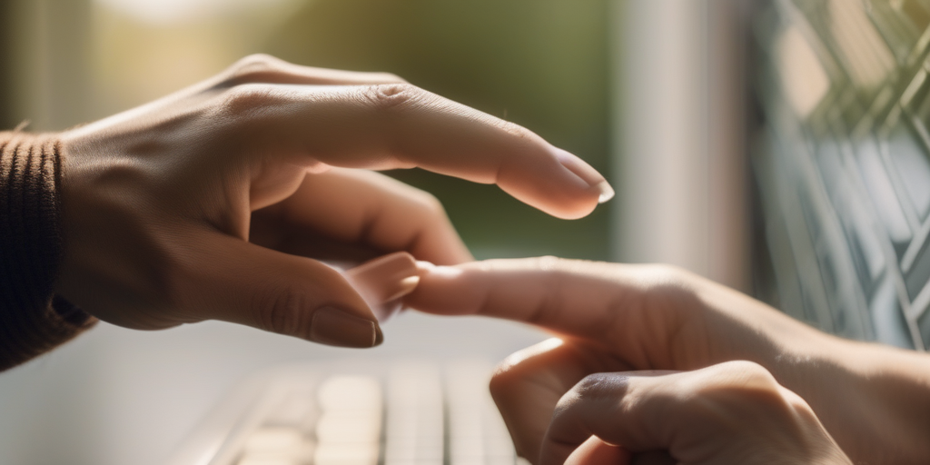 Zwei Hände, die sich über einen Bildschirm ausstrecken, um die digitale Natur des Online-Datings hervorzuheben, aber auch den Wunsch nach echter Verbindung.