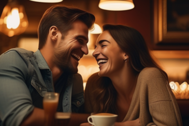 Ein glückliches Paar lacht zusammen in einem gemütlichen Café.