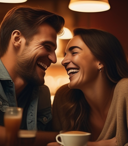 Ein glückliches Paar lacht zusammen in einem gemütlichen Café.
