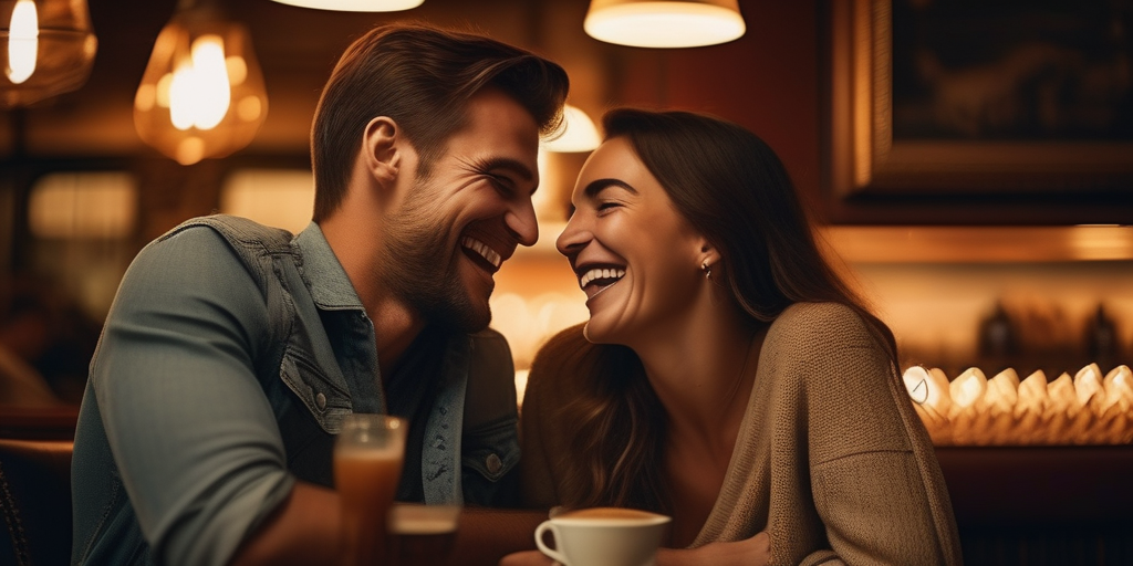 Ein glückliches Paar lacht zusammen in einem gemütlichen Café.