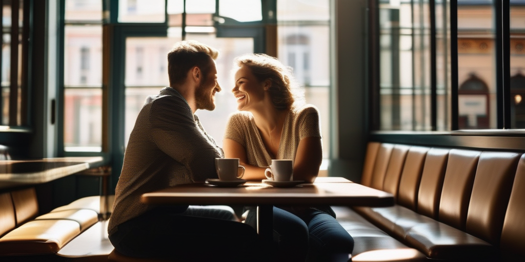 Zwei Personen sitzen an einem Café-Tisch und unterhalten sich.