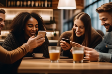 Verschiedene Menschen interagieren mit ihren Smartphones in einem Café, um die Welt des Online-Dating darzustellen.