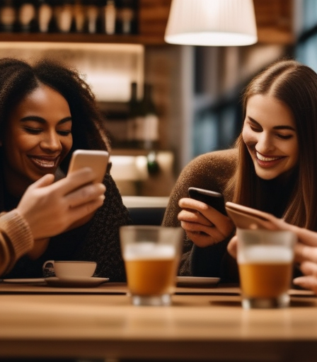 Verschiedene Menschen interagieren mit ihren Smartphones in einem Café, um die Welt des Online-Dating darzustellen.