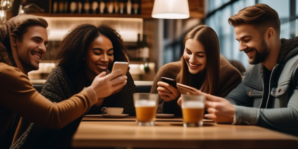 Verschiedene Menschen interagieren mit ihren Smartphones in einem Café, um die Welt des Online-Dating darzustellen.