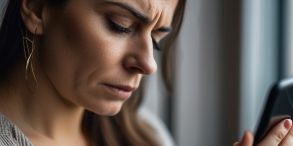 Ein besorgtes Gesicht, das ein Smartphone betrachtet, um die emotionale Belastung durch Online-Dating-Betrug darzustellen.