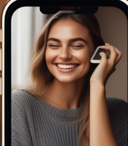 Eine junge Frau lächelt, während sie eine Dating-App auf ihrem Handy benutzt.