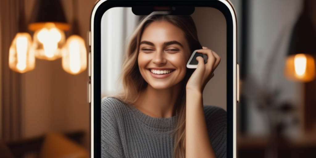 Eine junge Frau lächelt, während sie eine Dating-App auf ihrem Handy benutzt.