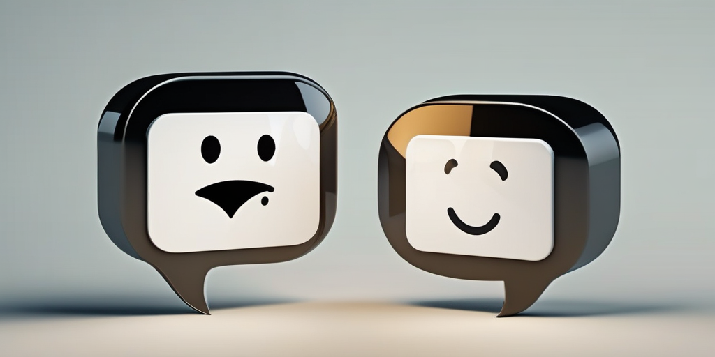 Zwei Sprechblasen, eine mit einem Fragezeichen, die andere mit einem Smiley, die den Austausch von Nachrichten und Konversationen symbolisieren.