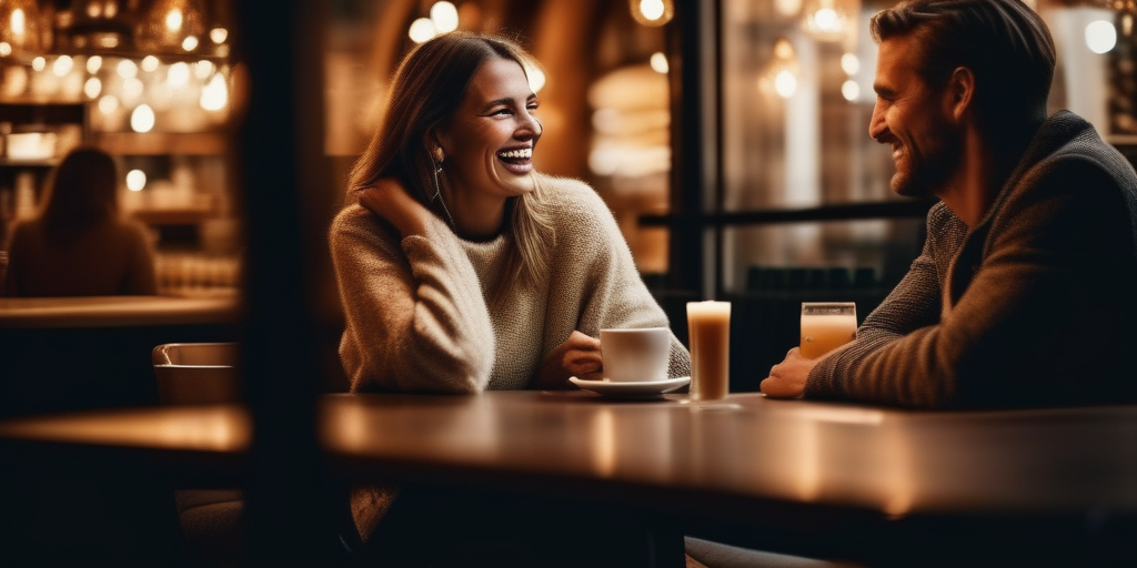 Zwei Personen lachen in einem gemütlichen Café in der Schweiz.
