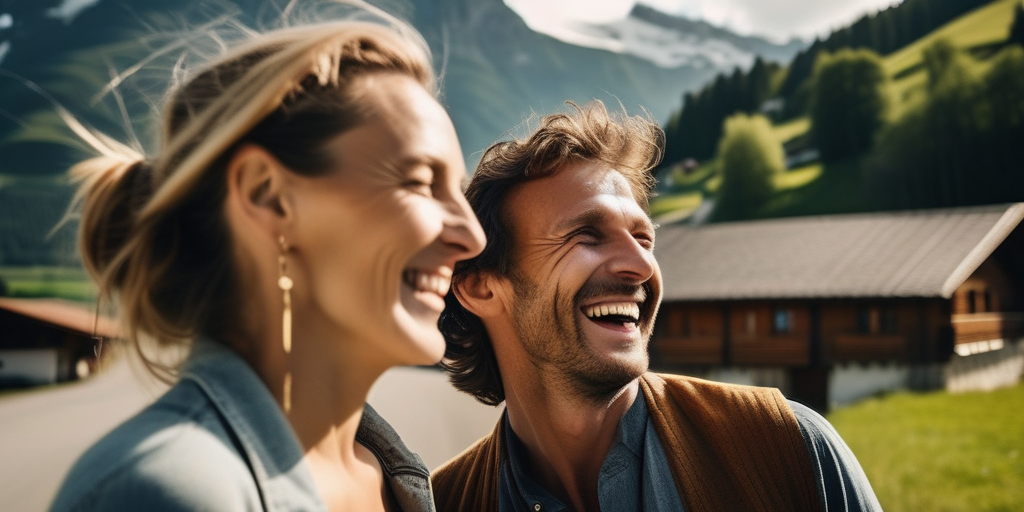 Zwei Personen lachen auf einem Date in einem Schweizer Dorf mit Blick auf die Berge.