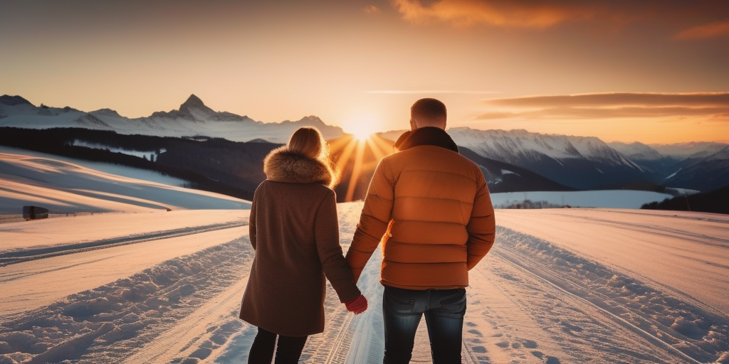 Panoramablick auf die Schweizer Alpen bei Sonnenuntergang, zwei Personen mit verbundenen Blicken.
