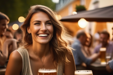 Eine lebhafte Szene aus einem Münchner Biergarten mit lachenden Menschen.