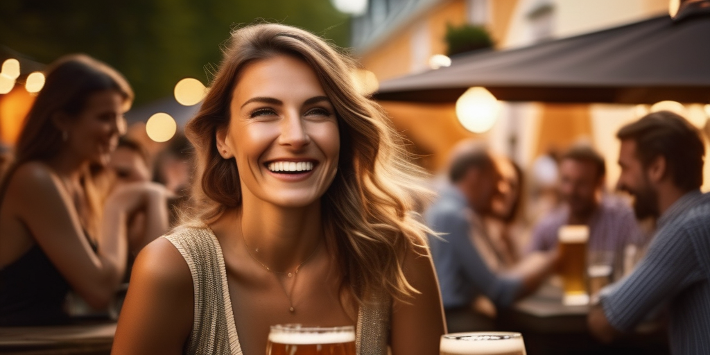 Eine lebhafte Szene aus einem Münchner Biergarten mit lachenden Menschen.
