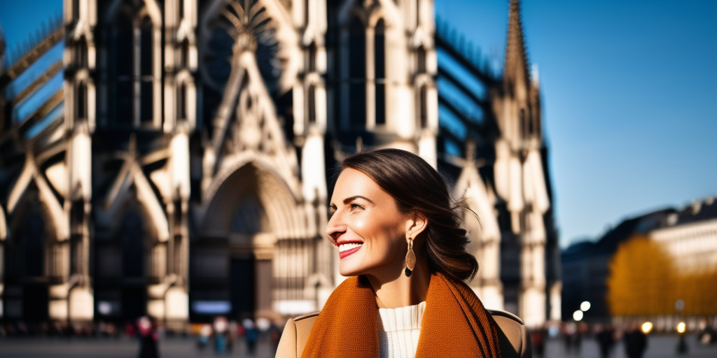 Eine selbstbewusste Kölnerin lächelt vor dem Kölner Dom.