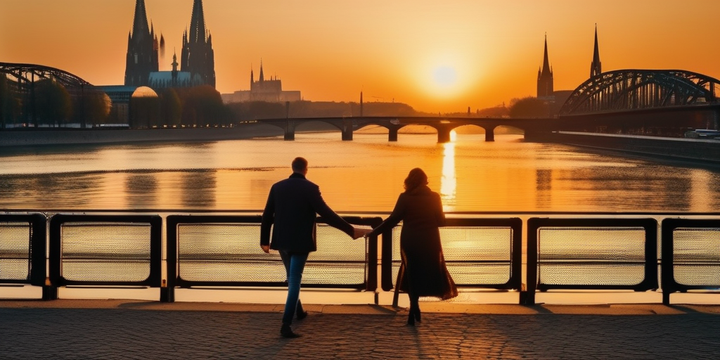 Ein Paar hält Händchen und geht am Rhein bei Sonnenuntergang.