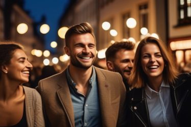 Eine fröhliche Gruppe von Menschen genießt einen lauen Abend im Belgischen Viertel in Köln.