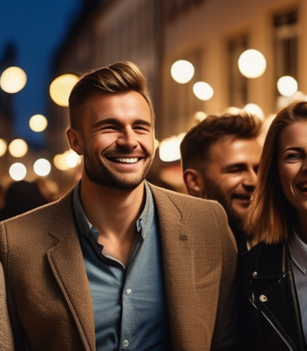 Eine fröhliche Gruppe von Menschen genießt einen lauen Abend im Belgischen Viertel in Köln.