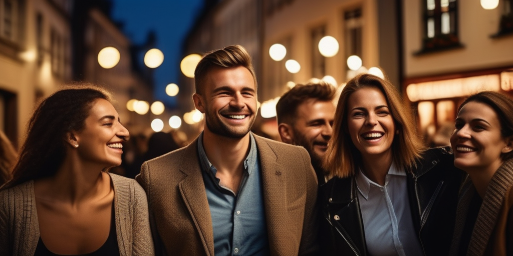 Eine fröhliche Gruppe von Menschen genießt einen lauen Abend im Belgischen Viertel in Köln.