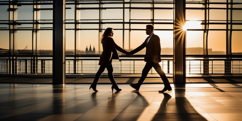 Ein romantisches Paar spaziert Hand in Hand am Rheinhafen in Köln.