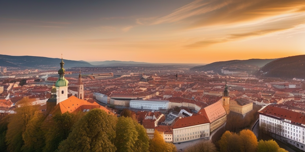 Luftaufnahme von Graz bei Sonnenuntergang.