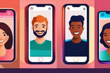 Verschiedene Menschen lächeln und interagieren mit einer Dating-App auf ihren Handys, lebendig und modern, unscharfer Hintergrund.