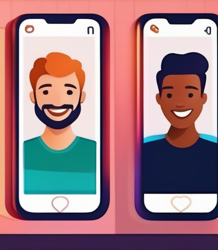 Verschiedene Menschen lächeln und interagieren mit einer Dating-App auf ihren Handys, lebendig und modern, unscharfer Hintergrund.
