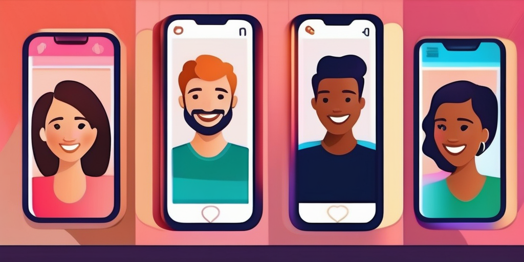 Verschiedene Menschen lächeln und interagieren mit einer Dating-App auf ihren Handys, lebendig und modern, unscharfer Hintergrund.