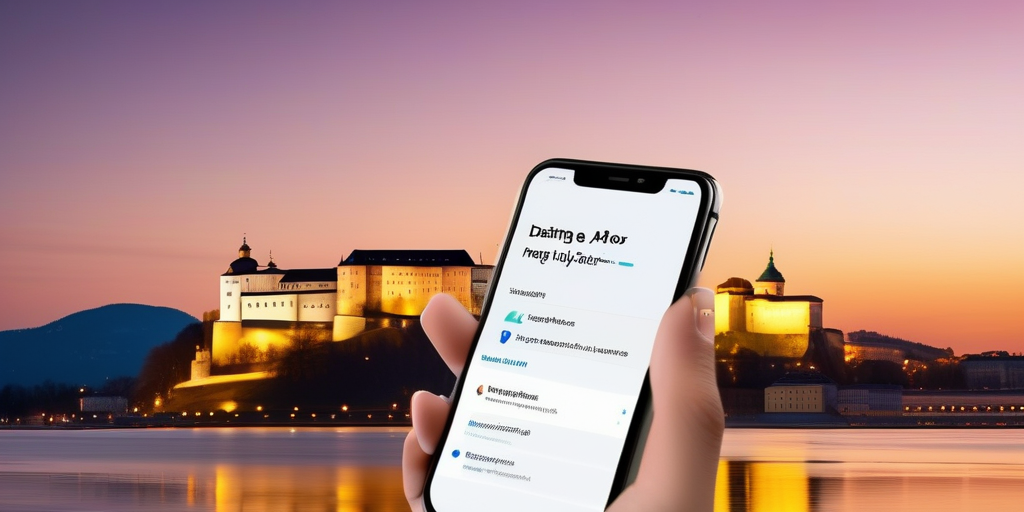 Nahaufnahme eines Smartphones mit einem Dating-App-Profil und der Festung Hohensalzburg im Hintergrund.