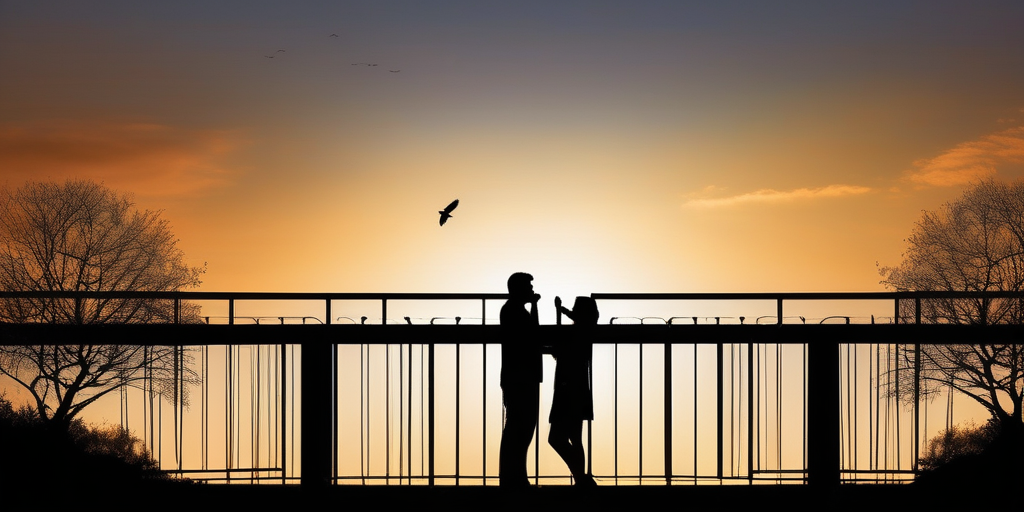 Silhouetten eines Paares, das sich gegenseitig erreicht und die Distanz überwindet.