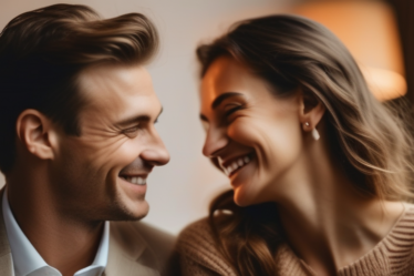 Ein Paar lächelt sich zu, Symbol für den Erfolg von Online-Dating.